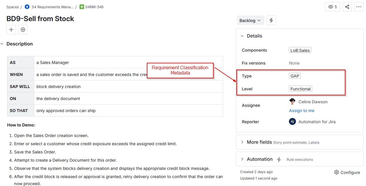 R2D ALM for Jira - functional level requirements screen view